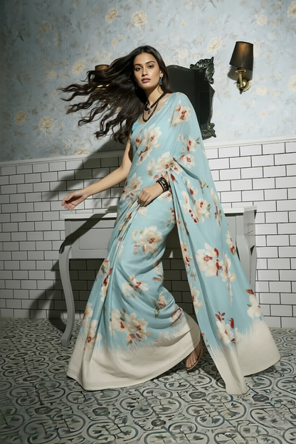 Bluebell Garden Powder Blue Floral Silk Blend Saree