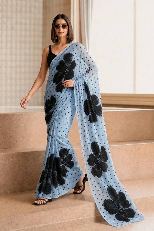 Sky Blue Floral & Polka Dot Georgette Saree