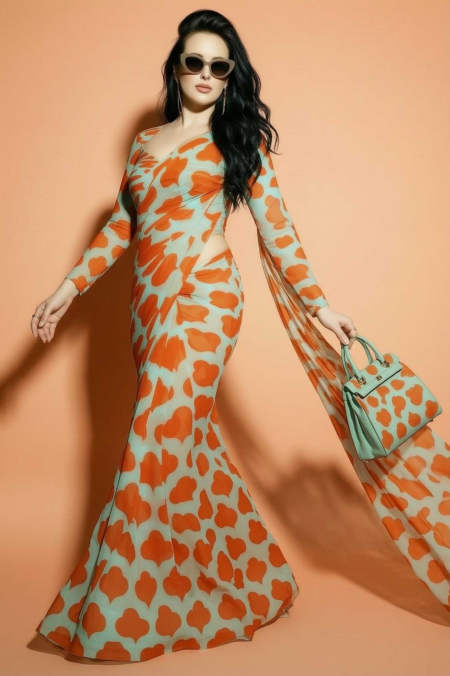 Mint Green and Orange Floral Printed Georgette Silk Saree