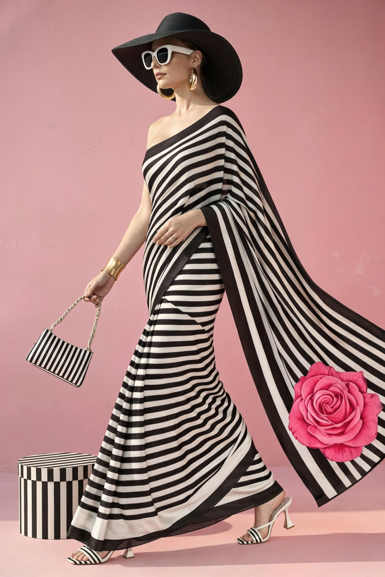 Black & White Striped Rose Silk Blend Saree