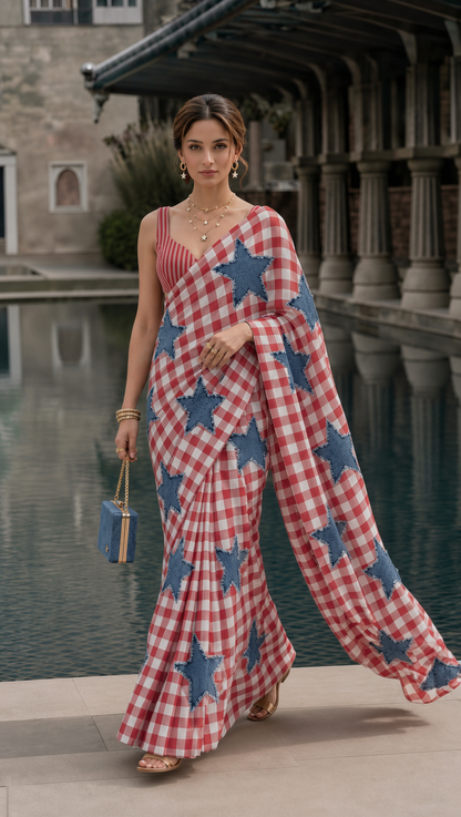 Printed Star Gingham Silk Blend Saree– (Printed, Not Appliqué)