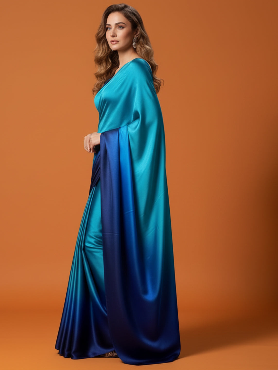 Turquoise Navy Blue Satin Silk Saree