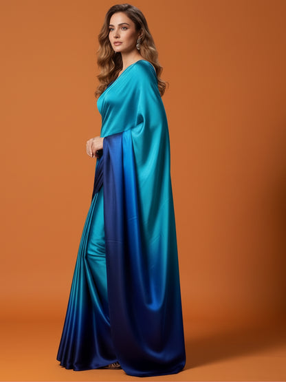 Turquoise Navy Blue Satin Silk Saree