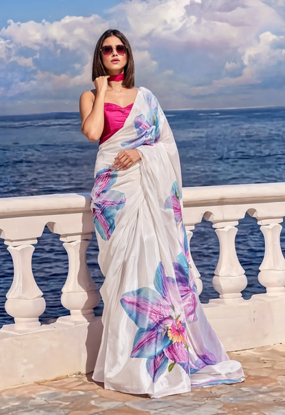 White Orchid Print Ravelia Silk Blend Saree