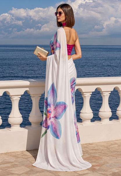 White Orchid Print Ravelia Silk Blend Saree
