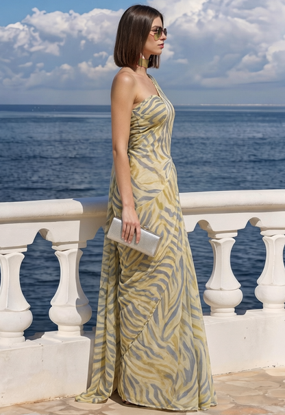 Champagne Beige & Slate Blue Zebra Print Saree