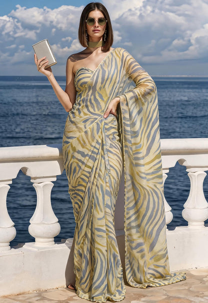 Champagne Beige & Slate Blue Zebra Print Saree
