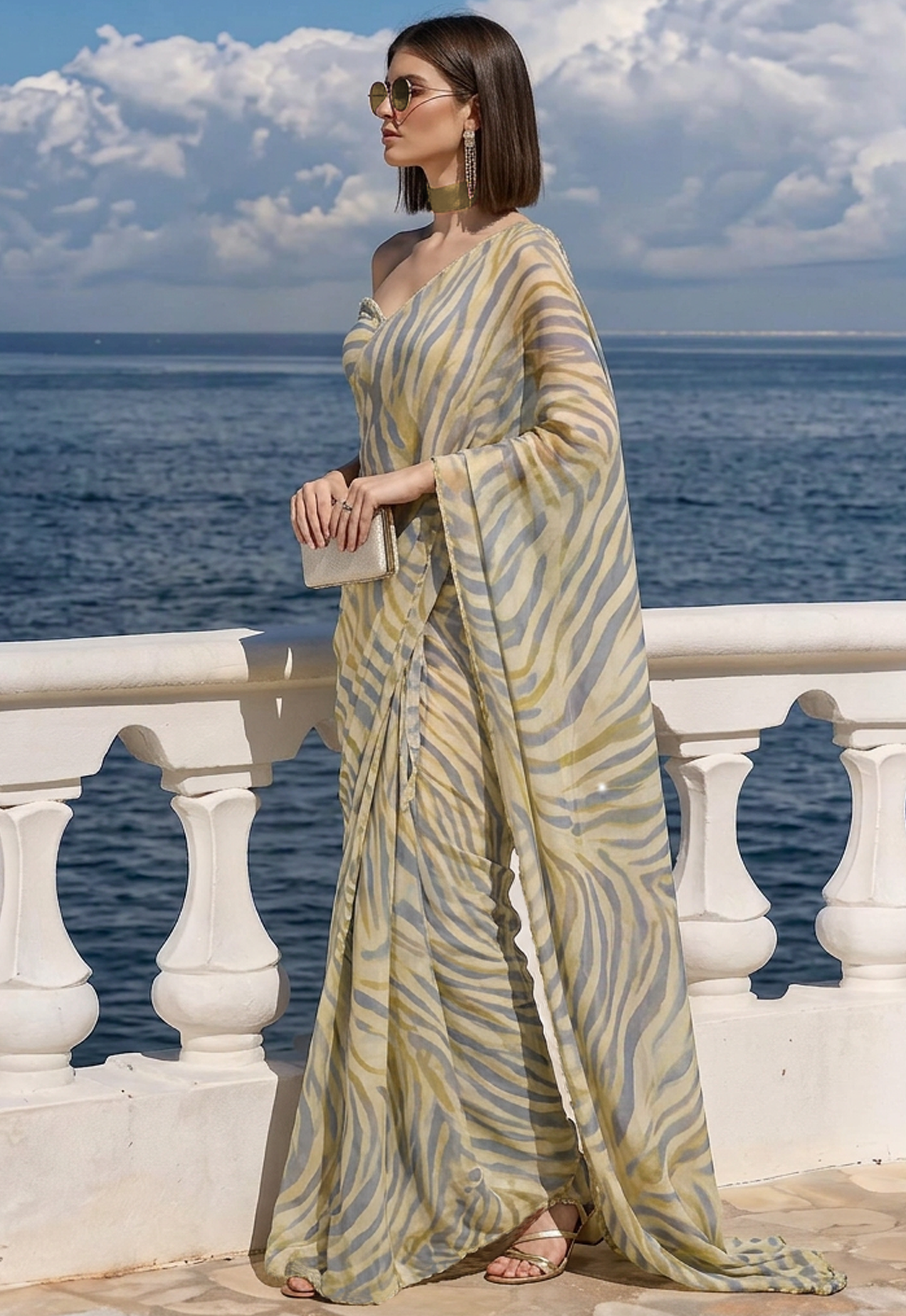 Champagne Beige & Slate Blue Zebra Print Saree