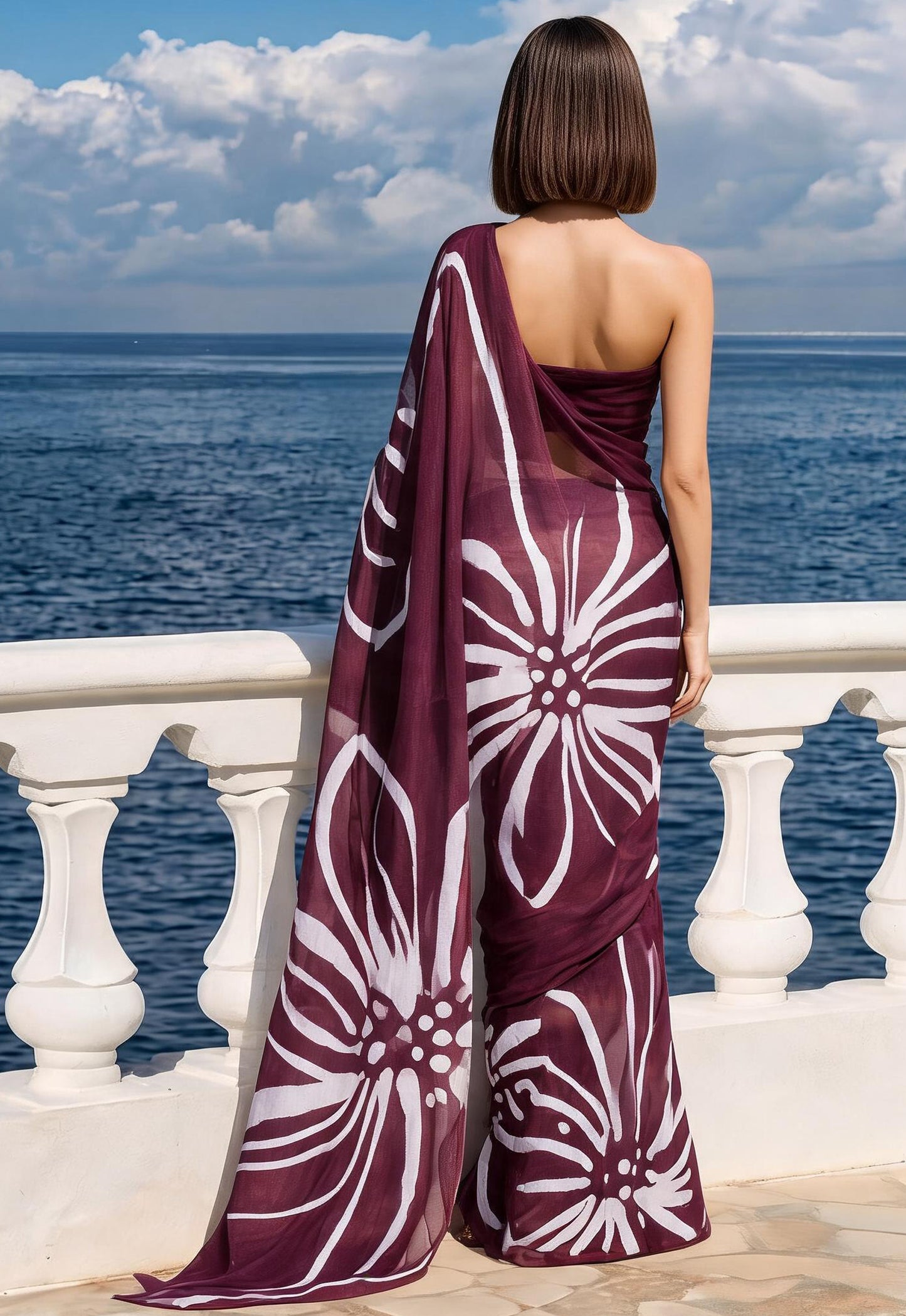 Burgundy Floral Print Silk Blend Saree