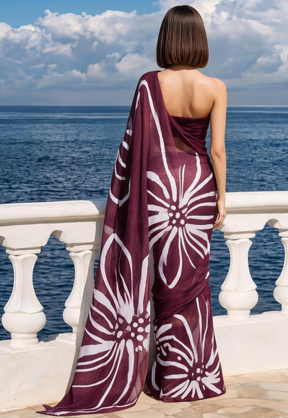 Burgundy Floral Print Silk Blend Saree