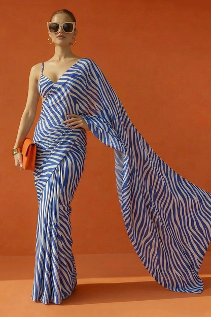 Blue & White Zebra Printed Silk Blend Saree