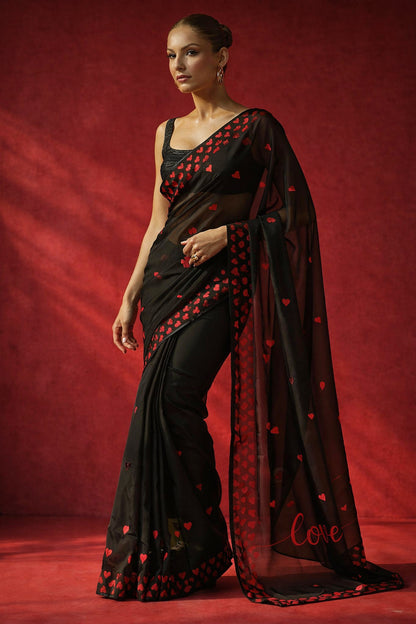 Black Red Hearts 'Love' Georgette Saree