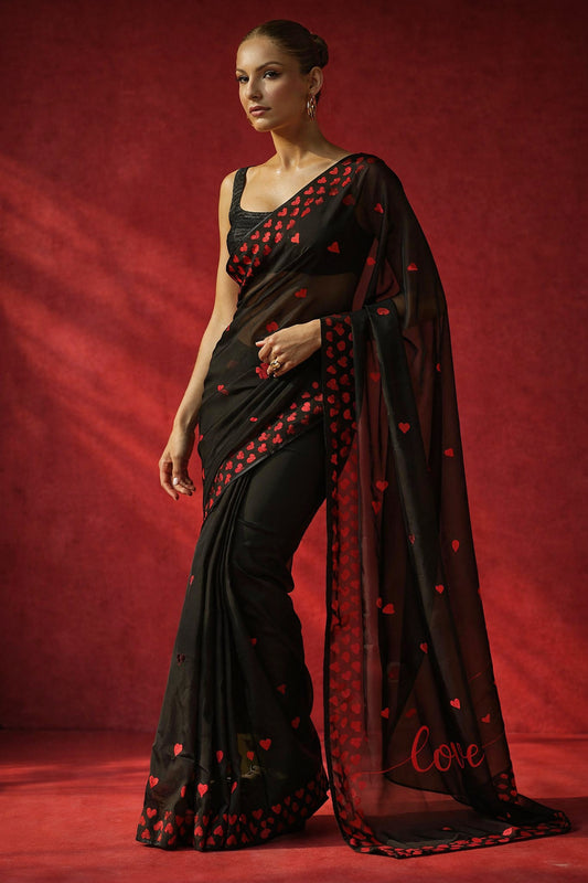 Black Red Hearts 'Love' Georgette Saree