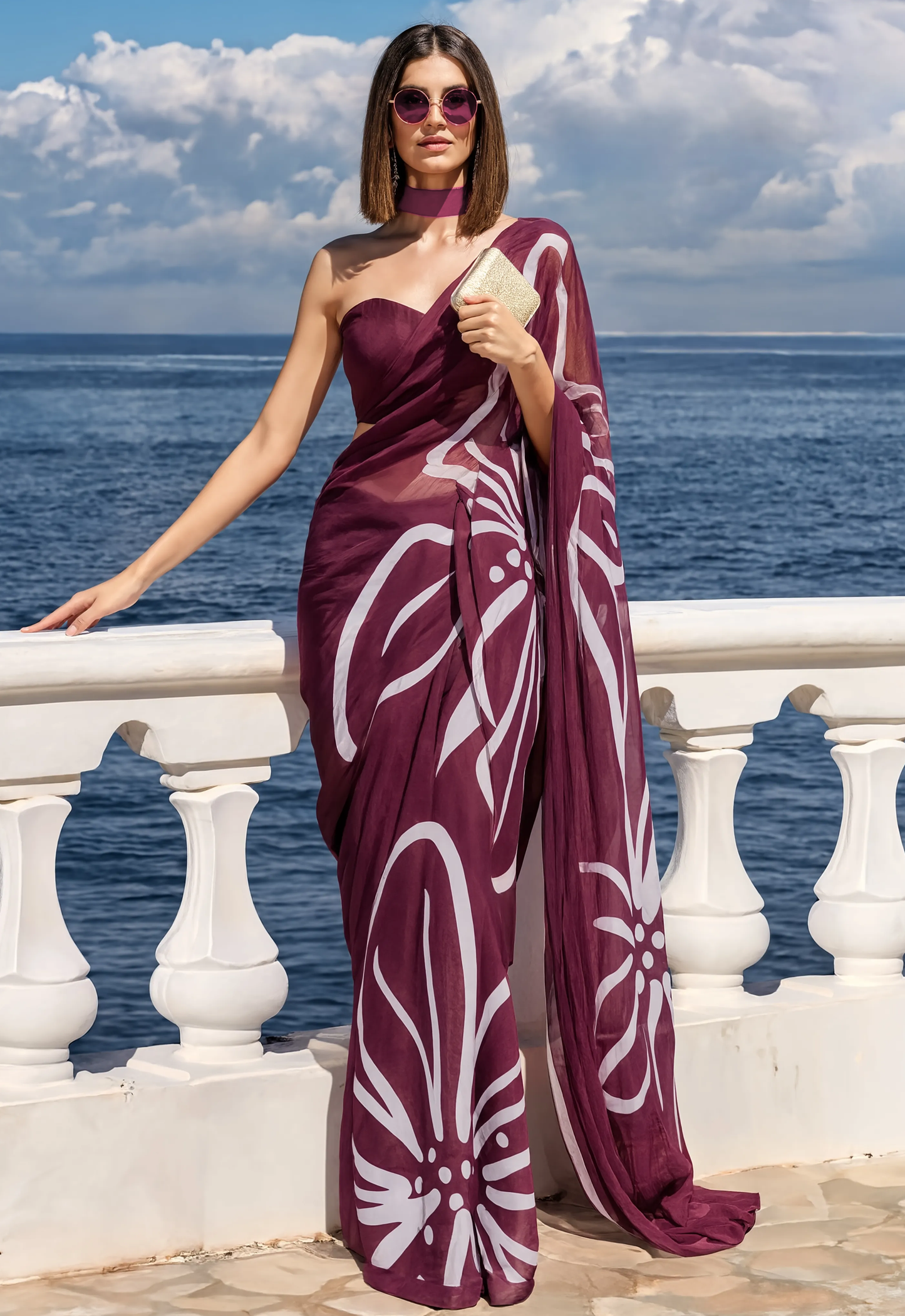 Burgundy Floral Print Silk Blend Saree