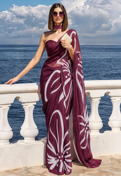 Burgundy Floral Print Silk Blend Saree