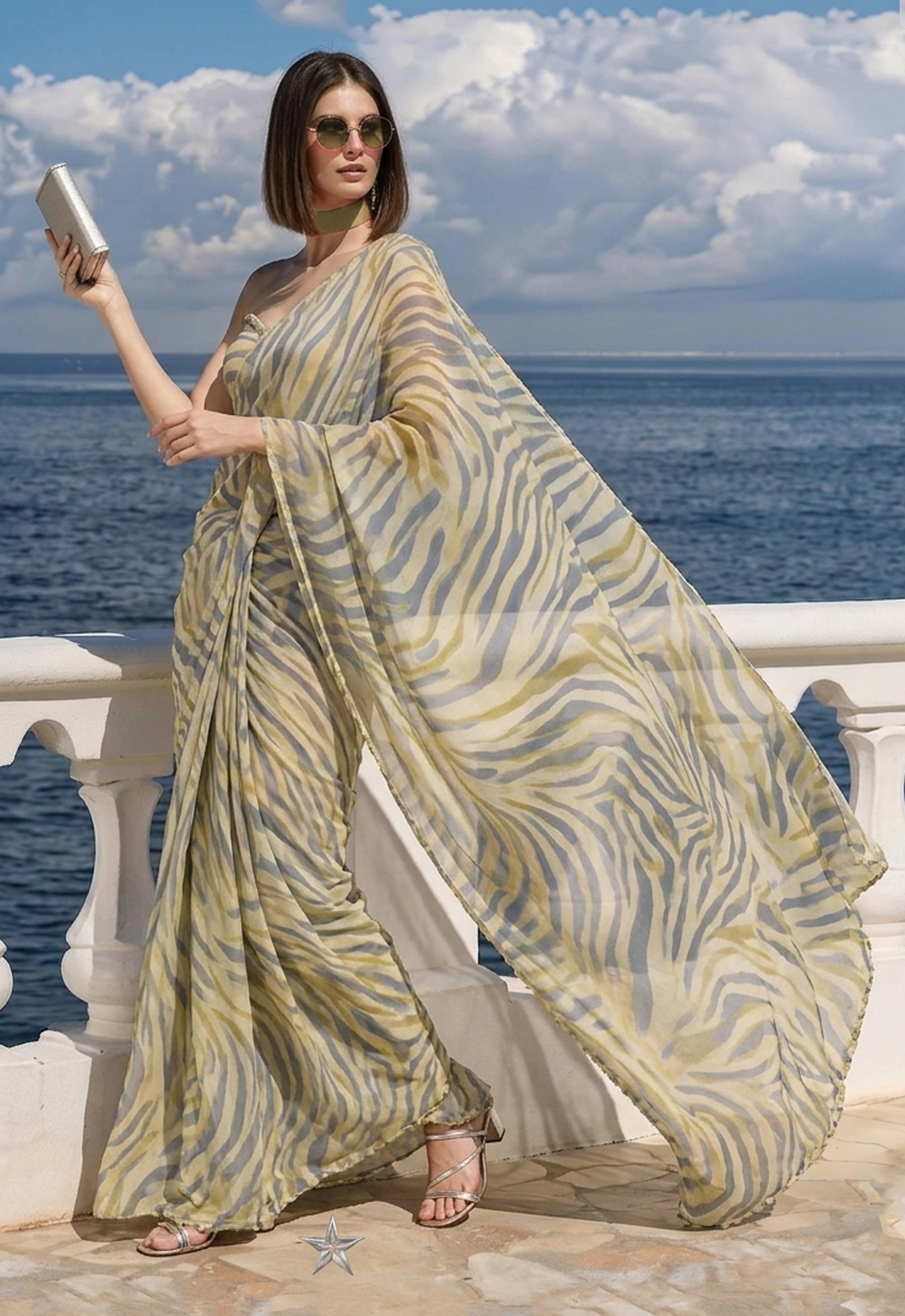 Champagne Beige & Slate Blue Zebra Print Saree