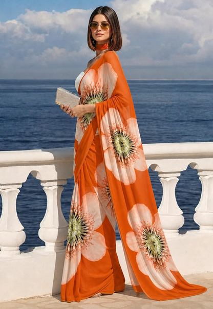 Orange Poppy Print Silk Blend Saree