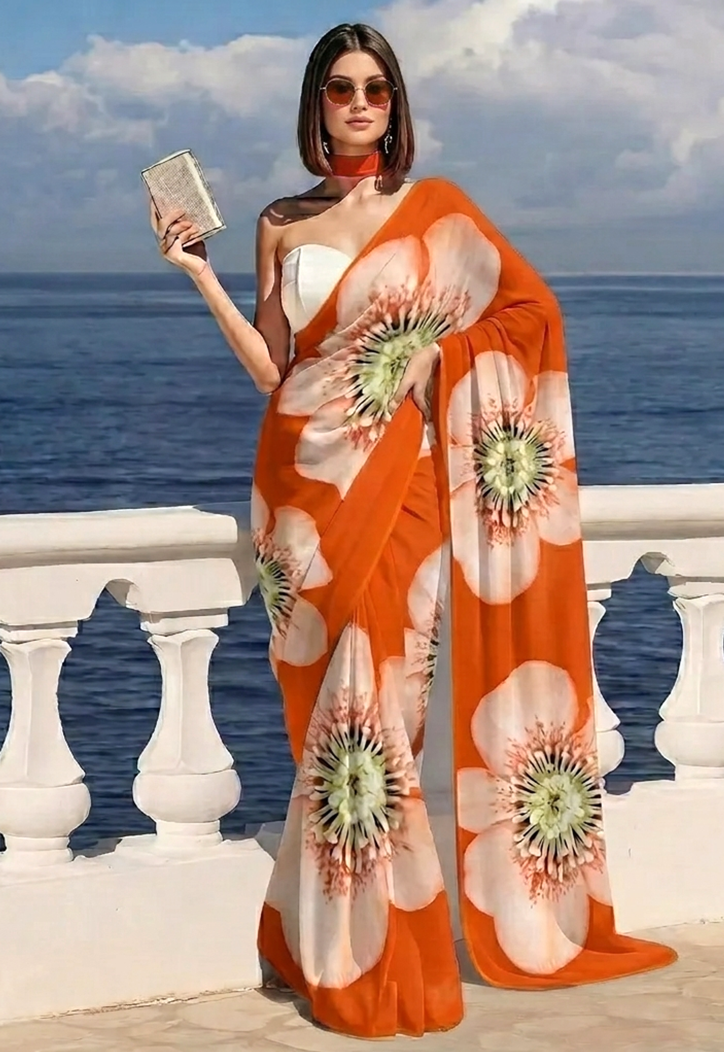 Orange Poppy Print Silk Blend Saree