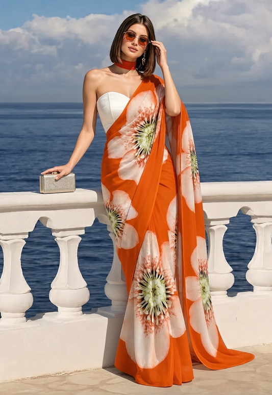 Orange Poppy Print Silk Blend Saree