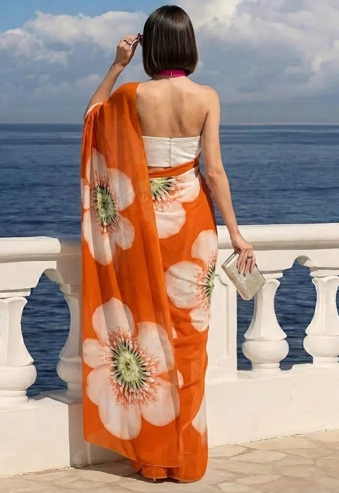 Orange Poppy Print Silk Blend Saree