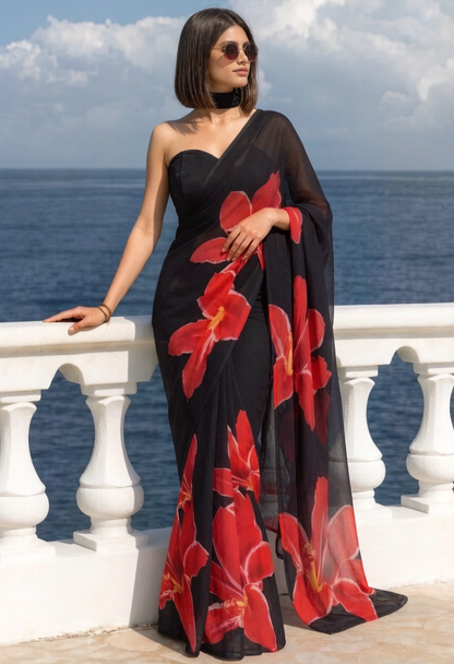 Black Red Lily Print Ravelia Georgette Saree