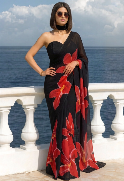 Black Red Lily Print Ravelia Georgette Saree