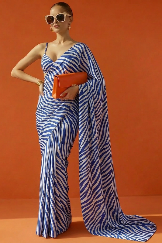 Blue & White Zebra Printed Silk Blend Saree