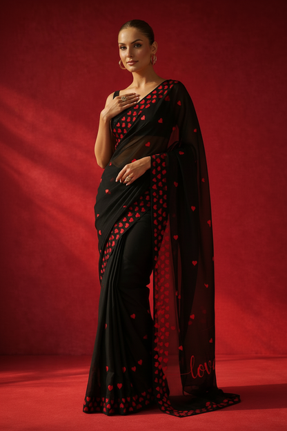 Black Red Hearts 'Love' Georgette Saree