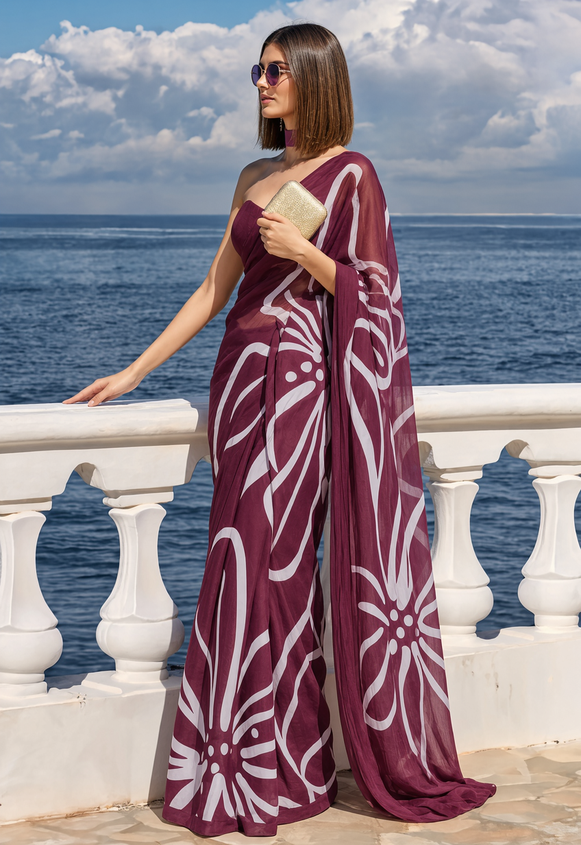Burgundy Floral Print Silk Blend Saree