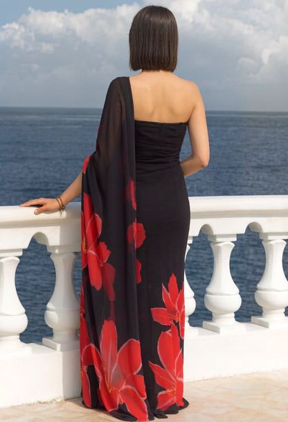Black Red Lily Print Ravelia Georgette Saree