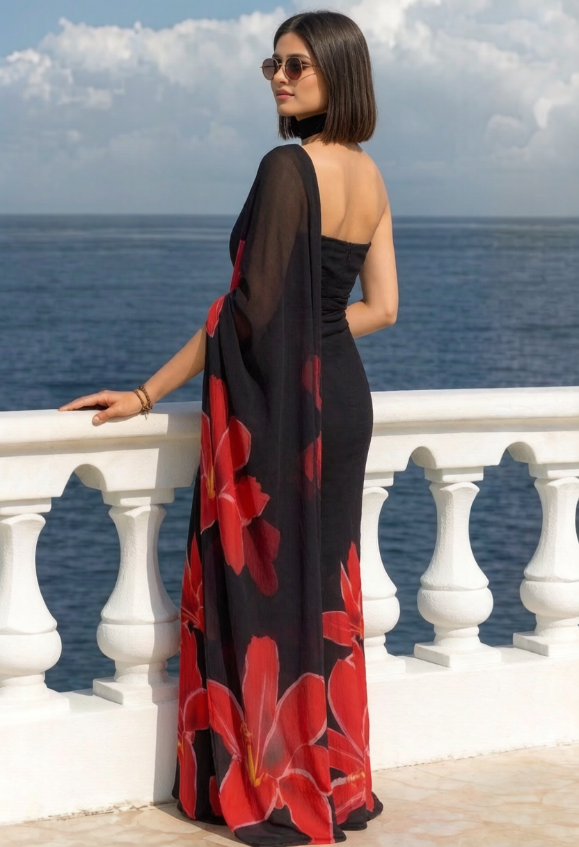 Black Red Lily Print Ravelia Georgette Saree