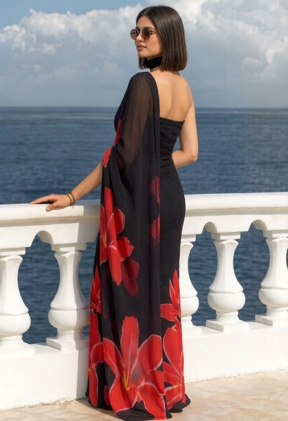Black Red Lily Print Ravelia Georgette Saree