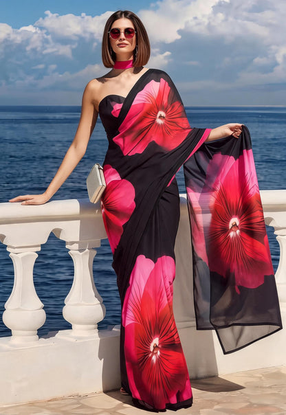 Black Fuchsia Hibiscus Print Ravelia Georgette Saree