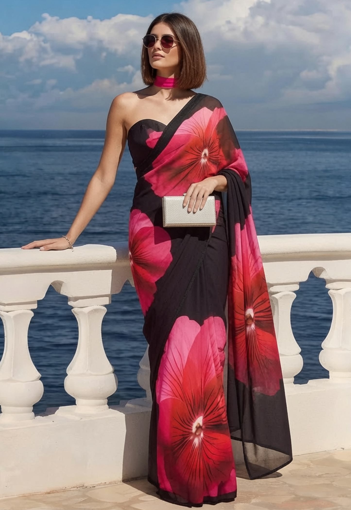 Black Fuchsia Hibiscus Print Ravelia Georgette Saree