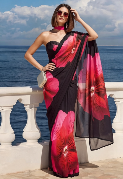 Black Fuchsia Hibiscus Print Ravelia Georgette Saree