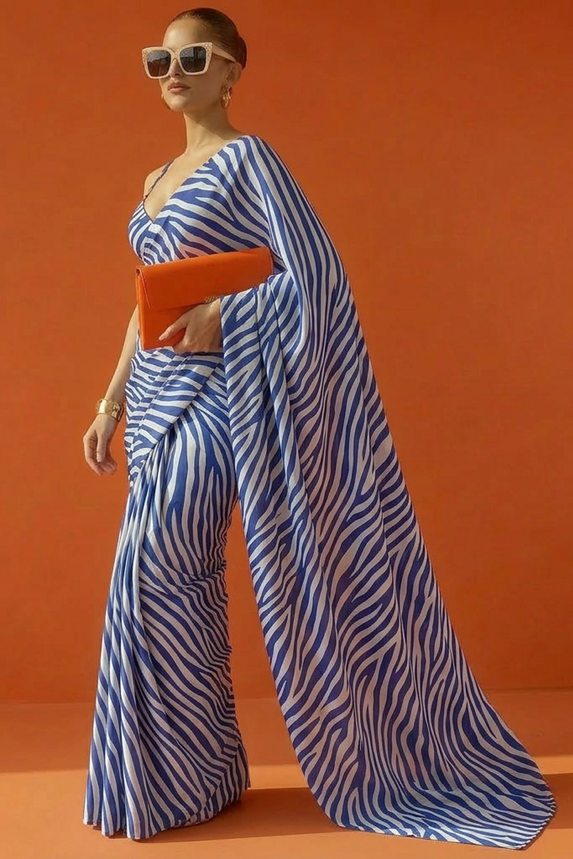 Blue & White Zebra Printed Silk Blend Saree