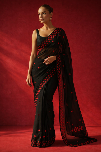 Black Red Hearts 'Love' Georgette Saree