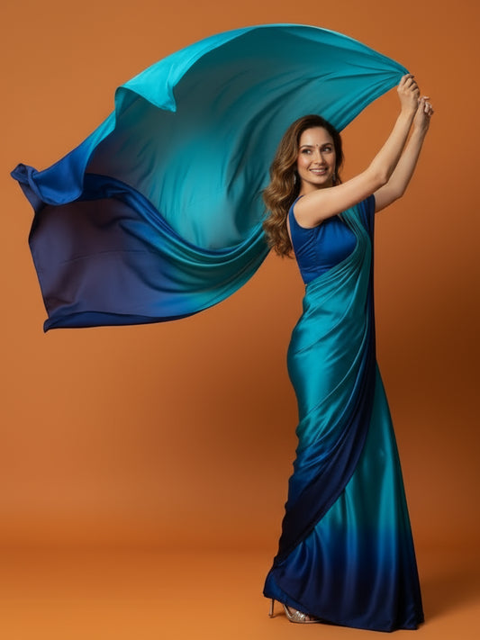 Turquoise Navy Blue Satin Silk Saree