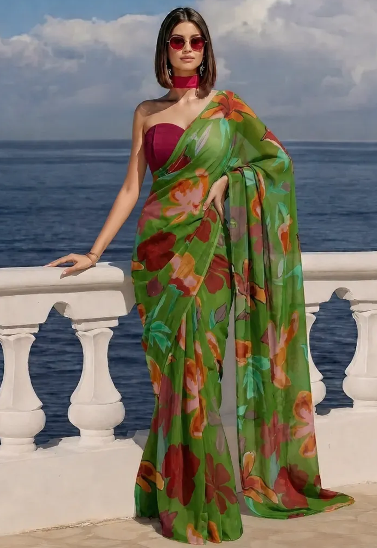 Green Floral Print Ravelia Georgette Saree