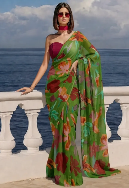 Green Floral Print Ravelia Georgette Saree