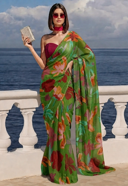 Green Floral Print Ravelia Georgette Saree
