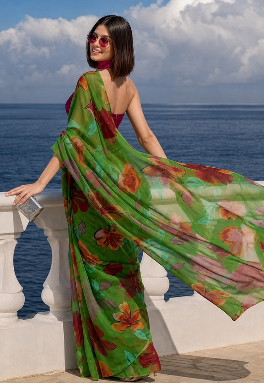 Green Floral Print Ravelia Georgette Saree