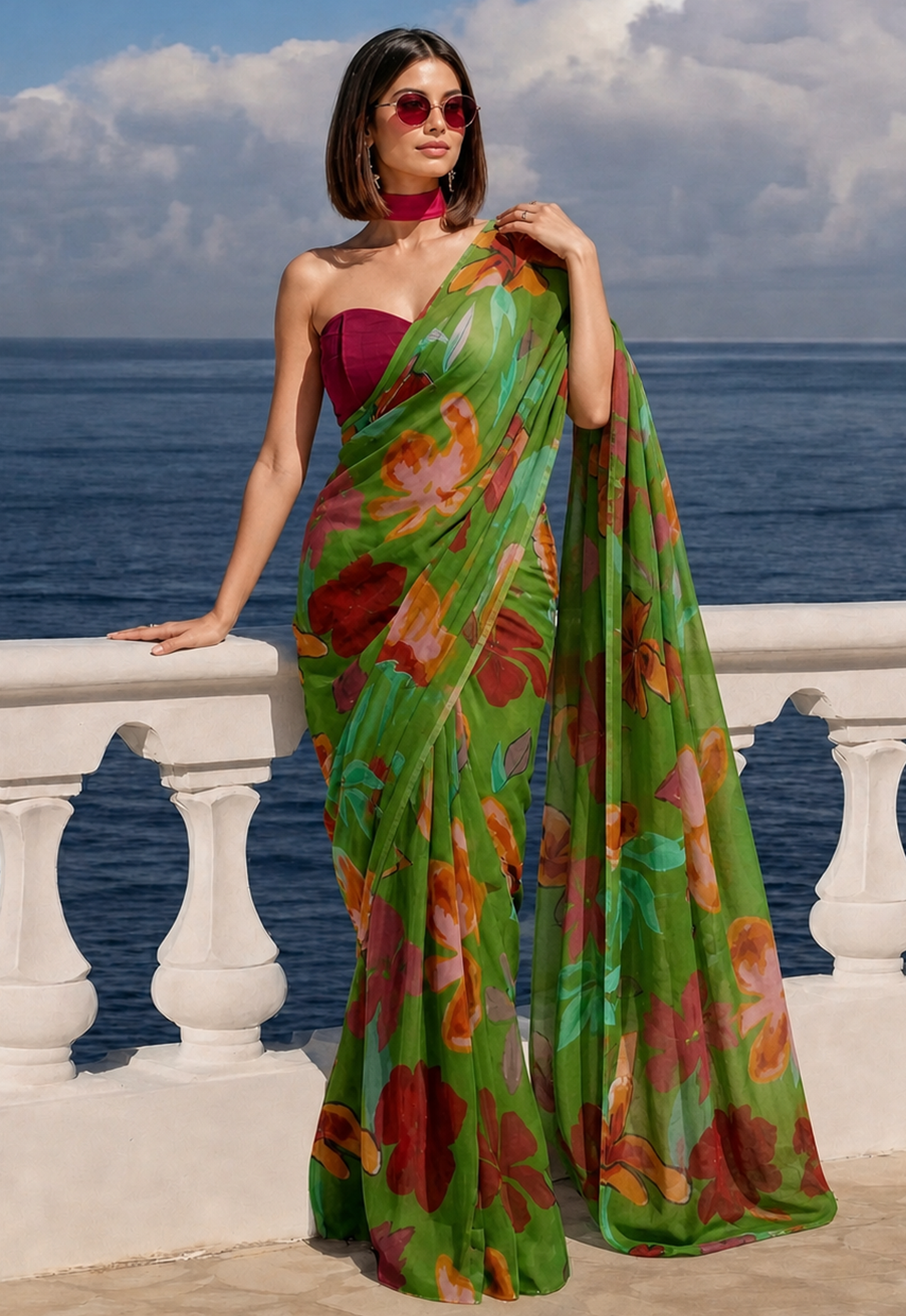 Green Floral Print Ravelia Georgette Saree