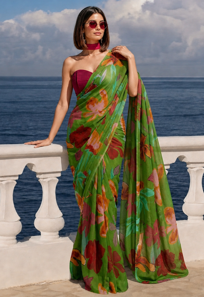 Green Floral Print Ravelia Georgette Saree