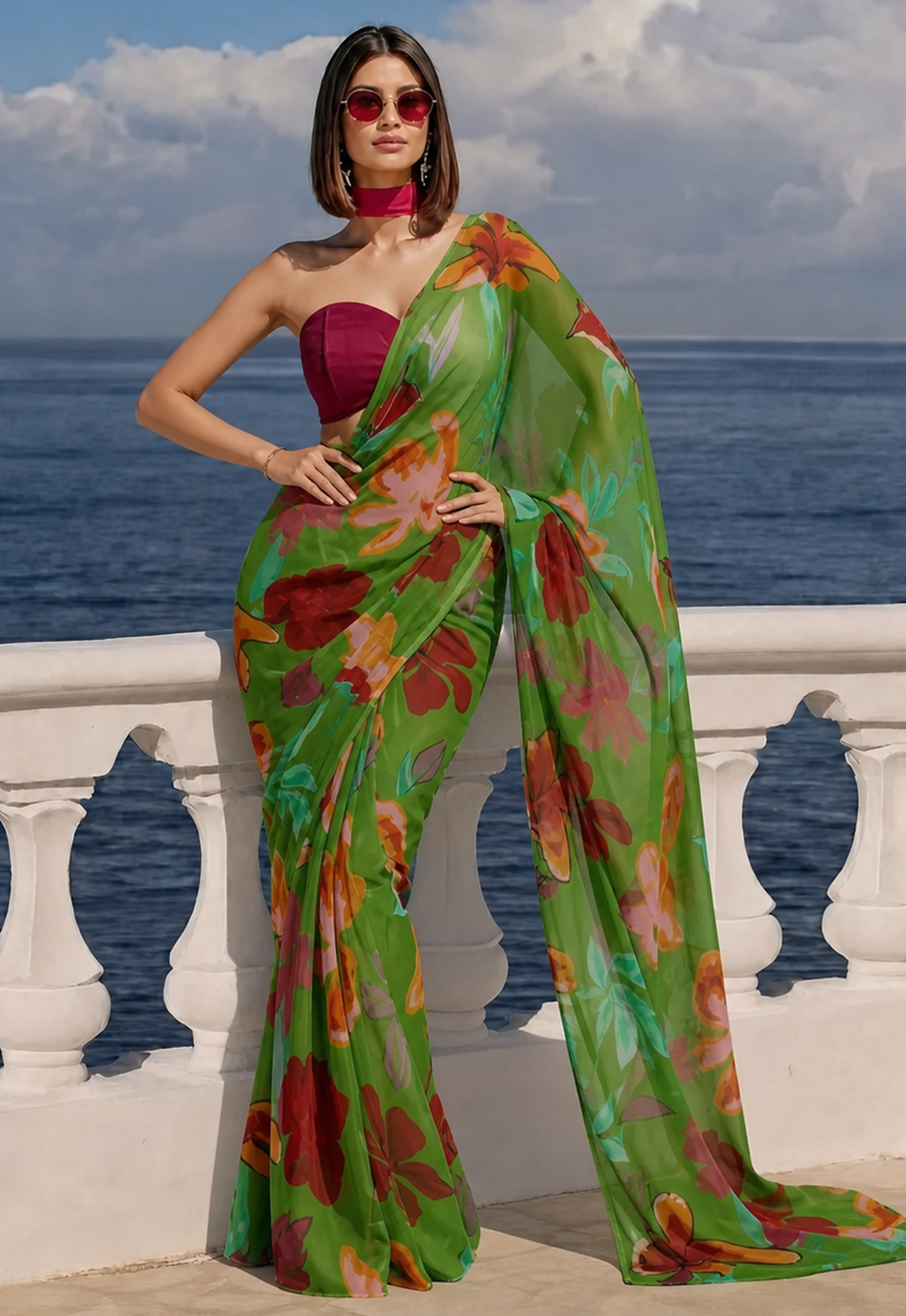 Green Floral Print Ravelia Georgette Saree