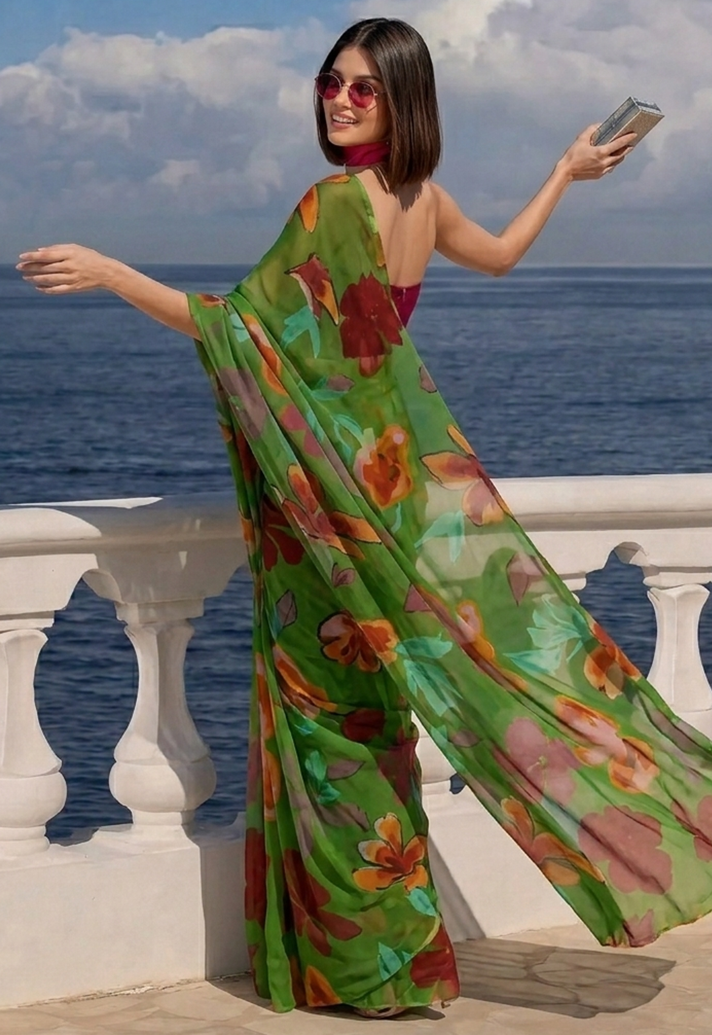 Green Floral Print Ravelia Georgette Saree