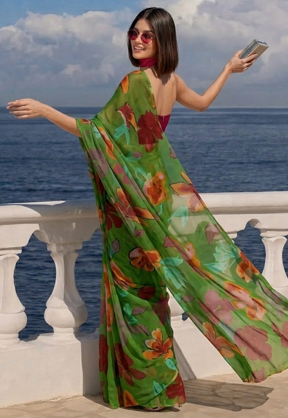 Green Floral Print Ravelia Georgette Saree