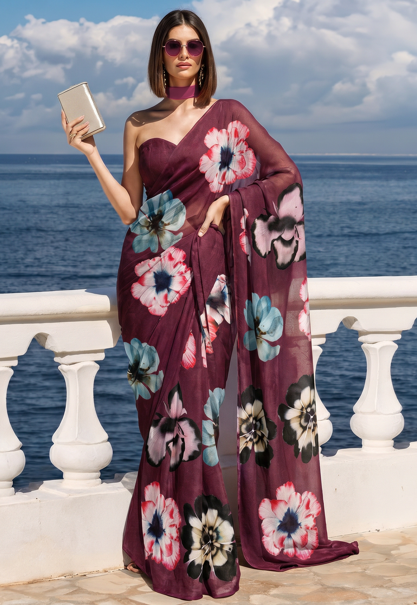 Plum Pansy Floral Print Ravelia Organza Saree