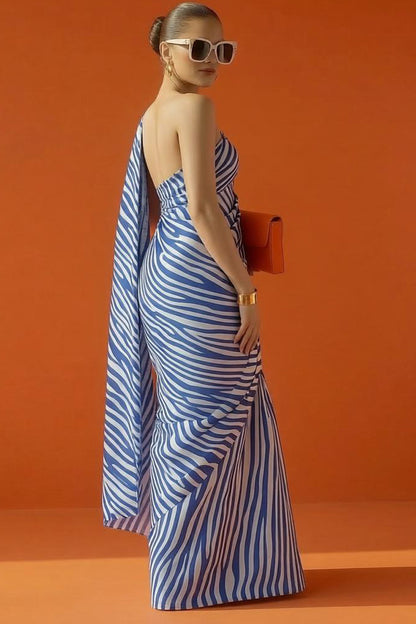 Blue & White Zebra Printed Silk Blend Saree