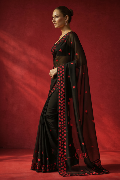 Black Red Hearts 'Love' Georgette Saree